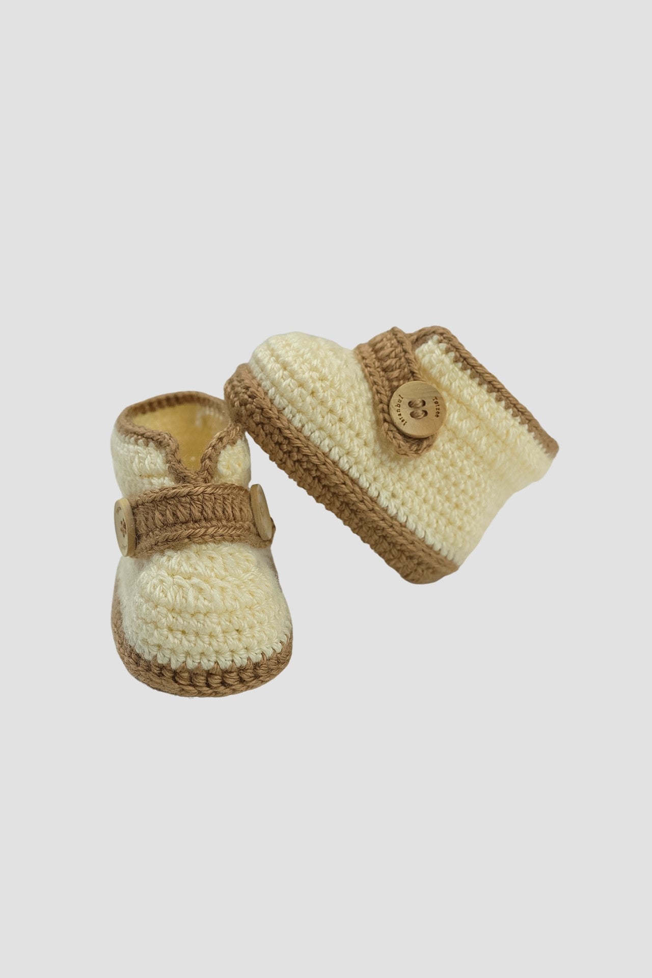 Totzee; Düğmeli Bot Patik Krem & Kahverengi; Buttoned Boot Yarn Booties Cream & Brown