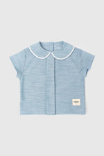 Totzee; Keten Bebe Yaka Pileli Üst Nil Mavisi; Linen Baby Collar Pleated Top Nile Blue