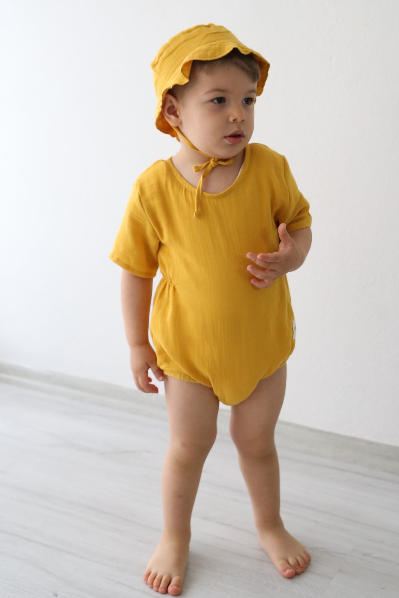 Muslin Waist Gathered Romper Autumn Yellow